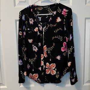 Express Two Pocket Portofino Long Sleeve Blouse Career Black Colorful Floral XS